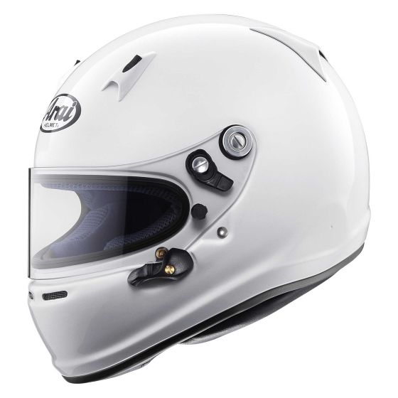 White Arai SK-6 kart helmet in size XL (61-62cm), featuring a clear visor, ventilation ports, and a sleek aerodynamic design.