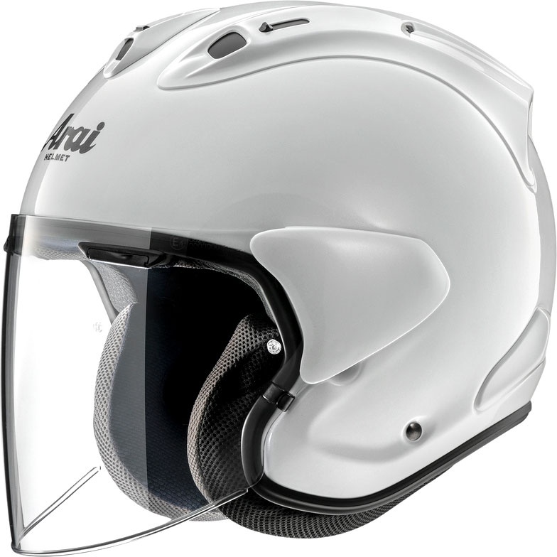 Arai SZ-R Evo Solid open face helmet in white, size M, featuring a clear visor, ventilation ports, and a sleek aerodynamic design.