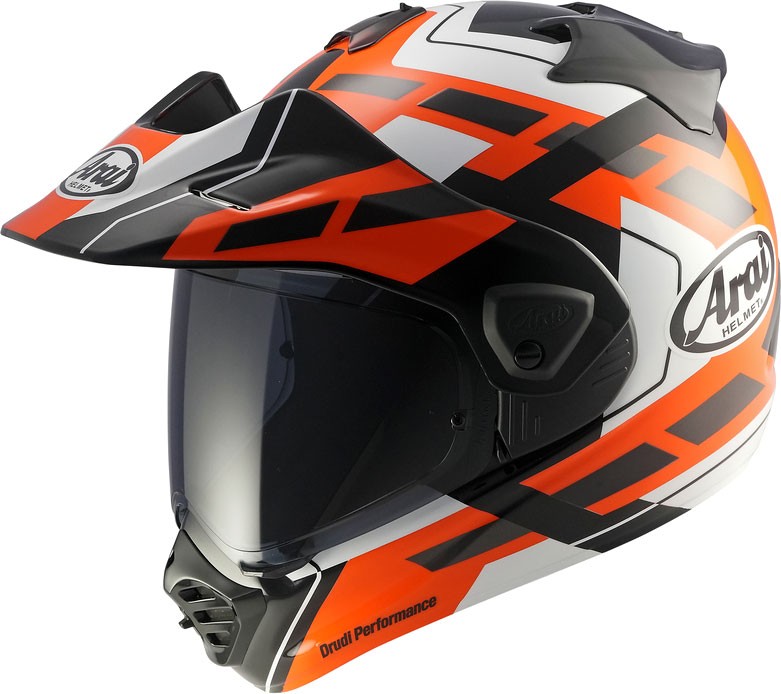Arai Tour-X5 Match adventure helmet in black, white, and orange, featuring a sleek design, large visor, and ventilation ports, size L.