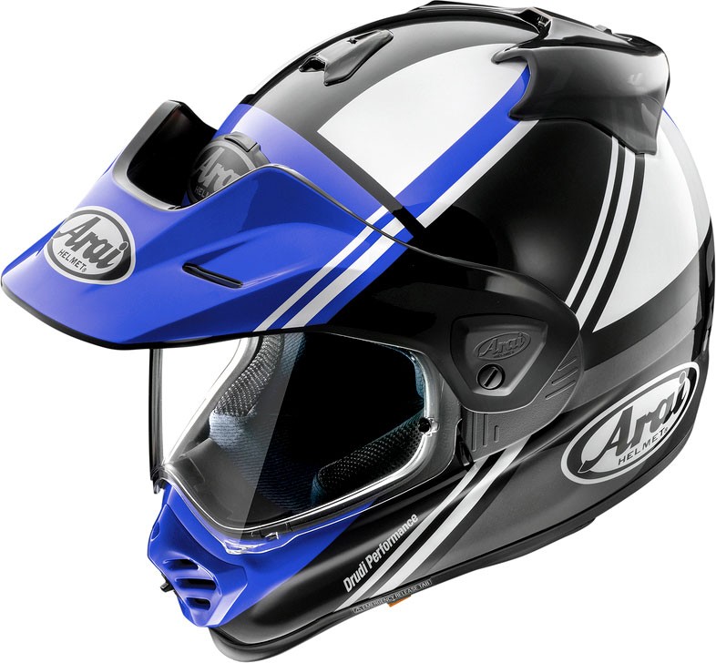 Arai Tour-X5 Cosmic motocross helmet in black, white, and blue, featuring a glossy finish, aerodynamic design, and a large visor, sized L for men.