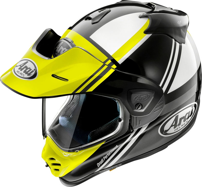 Arai Tour-X5 COSMIC adventure helmet in black, white, and neon yellow, featuring a sleek design, visor, and adjustable peak, size L.