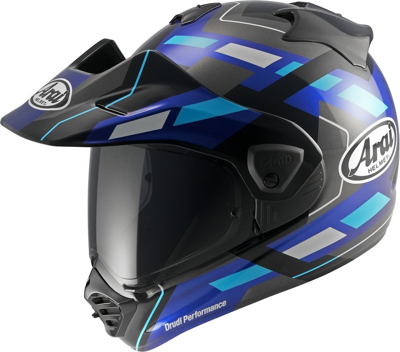 Arai Tour-X5 Match adventure helmet in black, grey, blue, and light blue, featuring a sleek design, visor, and ventilation ports, size M.