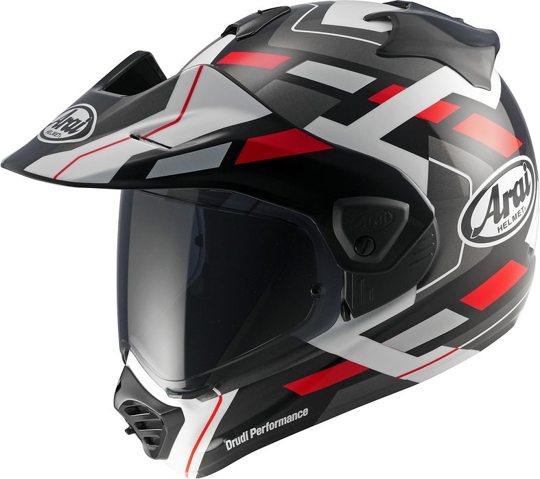 Arai Tour-X5 Match adventure helmet in black, grey, white, and red, featuring a sleek design, visor, and ventilation ports, size M.