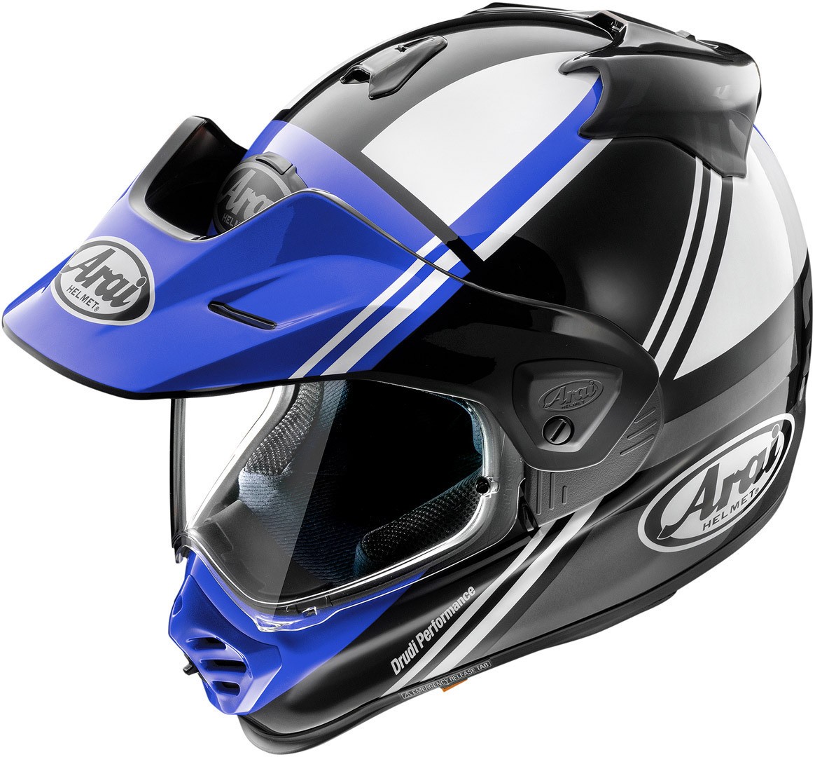 Arai Tour-X5 Cosmic motocross helmet in black, white, and blue, featuring a glossy finish, visor, and distinctive aerodynamic design, size M for men.