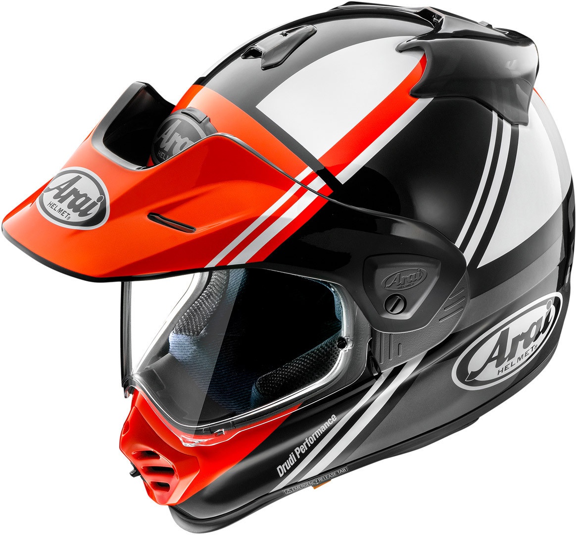Arai Tour-X5 Cosmic motocross helmet in black, white, and red with a glossy finish, featuring a visor, ventilation ports, and a sleek design, size M for men.