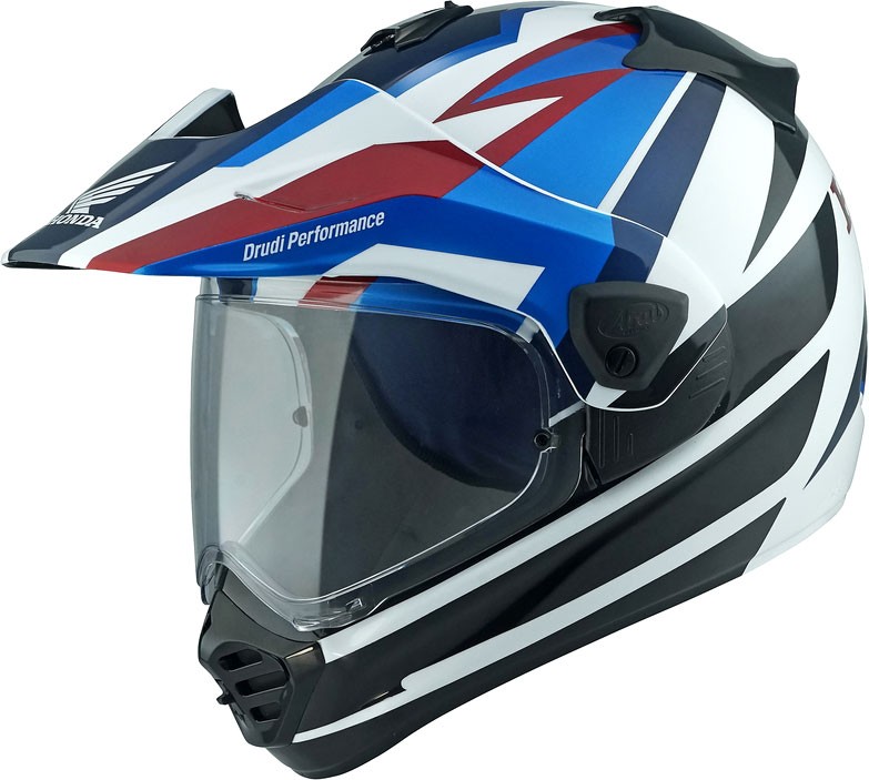 Arai Tour-X5 adventure helmet in black, white, blue, and red, featuring a sleek design, visor, and ventilation ports, size M, ideal for Honda Africa Twin riders.