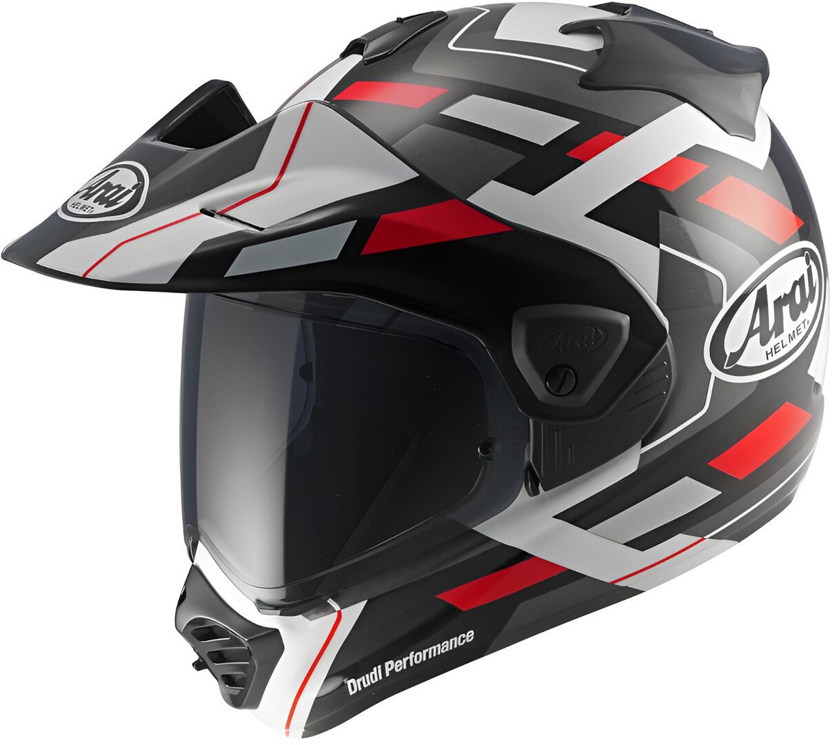 Arai Tour-X5 Match adventure helmet in black, grey, white, and red, featuring a sleek design, visor, and ventilation ports, size S.