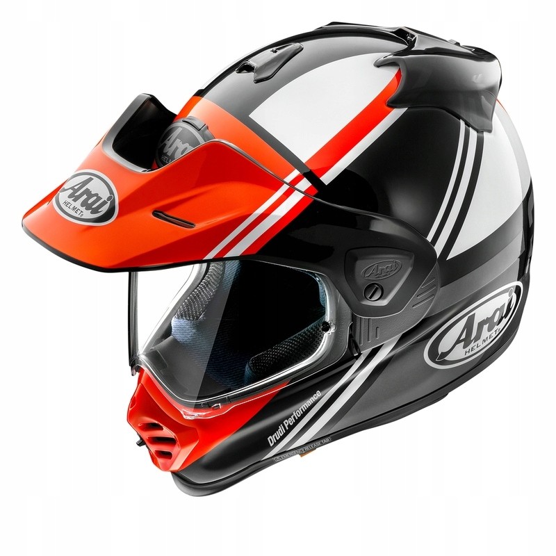 Arai Tour-X5 COSMIC adventure helmet in black, white, and red with a glossy finish, featuring a large visor, adjustable peak, and ventilation ports, size XL.