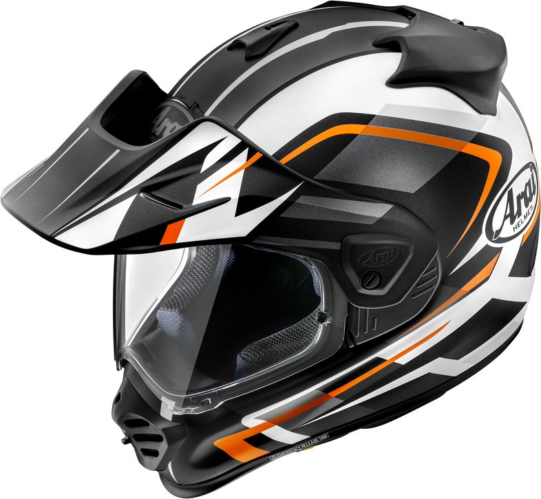 Arai Tour-X5 Discovery adventure helmet in matte black, white, and orange, featuring a visor, peak, and ventilation ports, size XL.