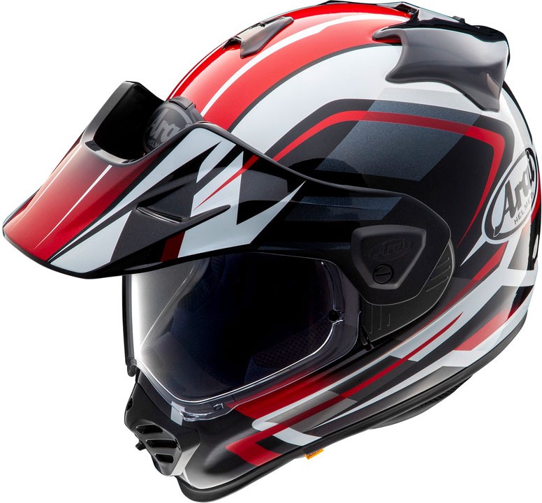 Arai Tour-X5 Discovery adventure helmet in black, white, and red, featuring a sleek design, a large visor, and ventilation ports, sized XL for optimal fit.