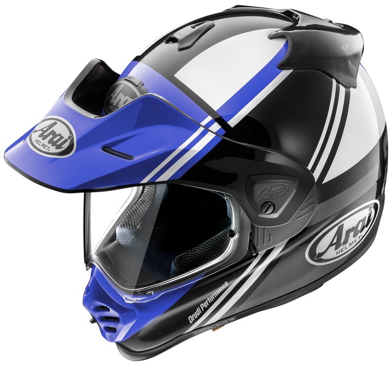 Arai Tour-X5 Cosmic motocross helmet in black, white, and blue, featuring a glossy finish, adjustable visor, and ventilation ports, sized XS for men.