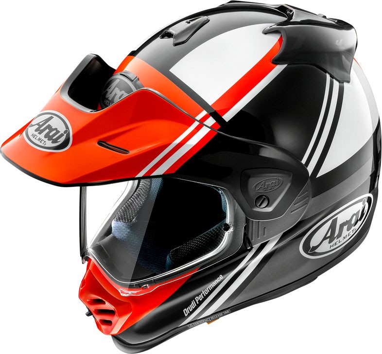 Arai Tour-X5 Cosmic motocross helmet in black, white, and red with a sleek design, featuring a visor, ventilation ports, and a glossy finish, sized XS for men.