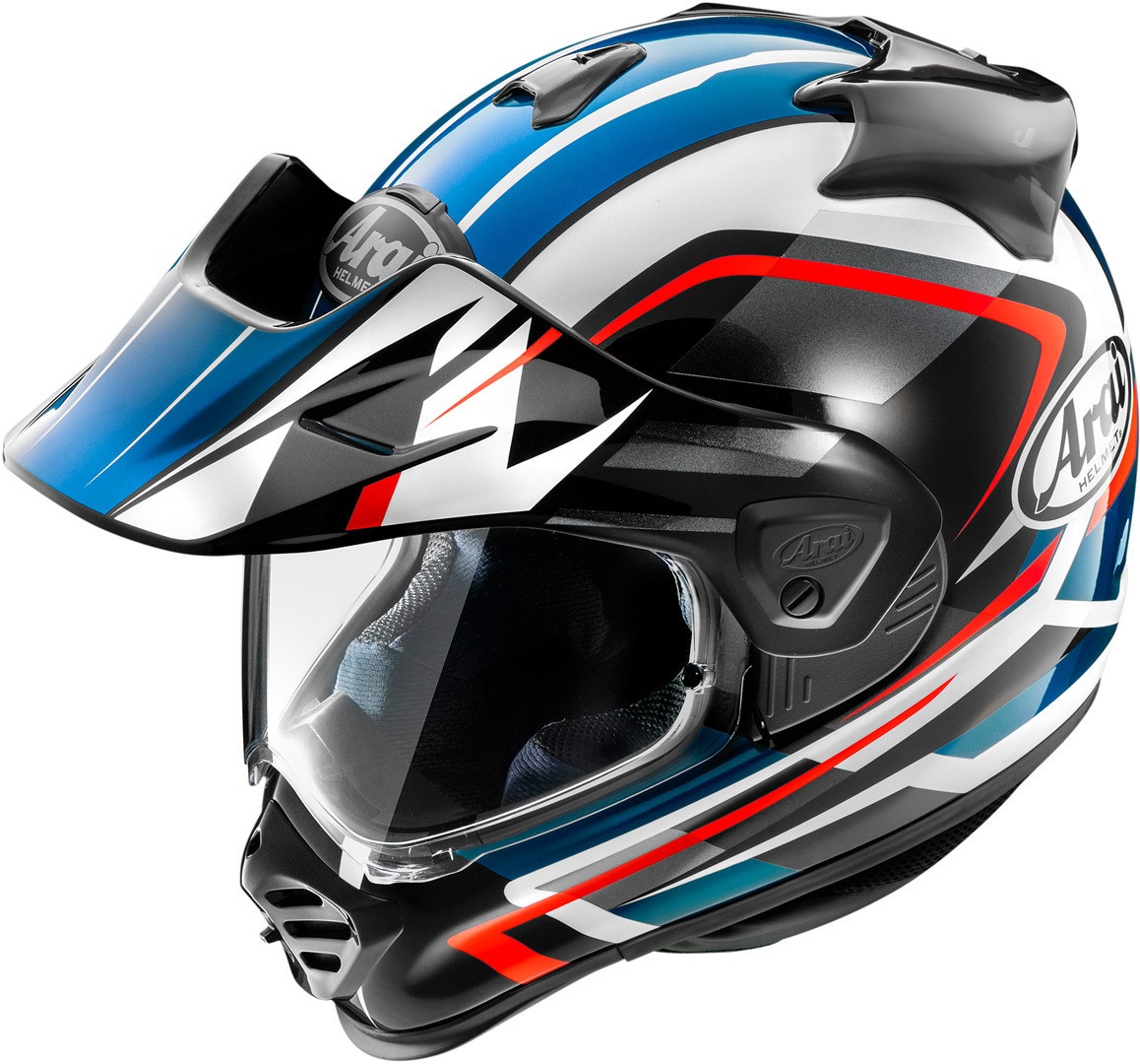 Arai Tour-X5 Discovery adventure helmet in black, white, blue, and red, featuring a sleek design, visor, and peak, sized XS.