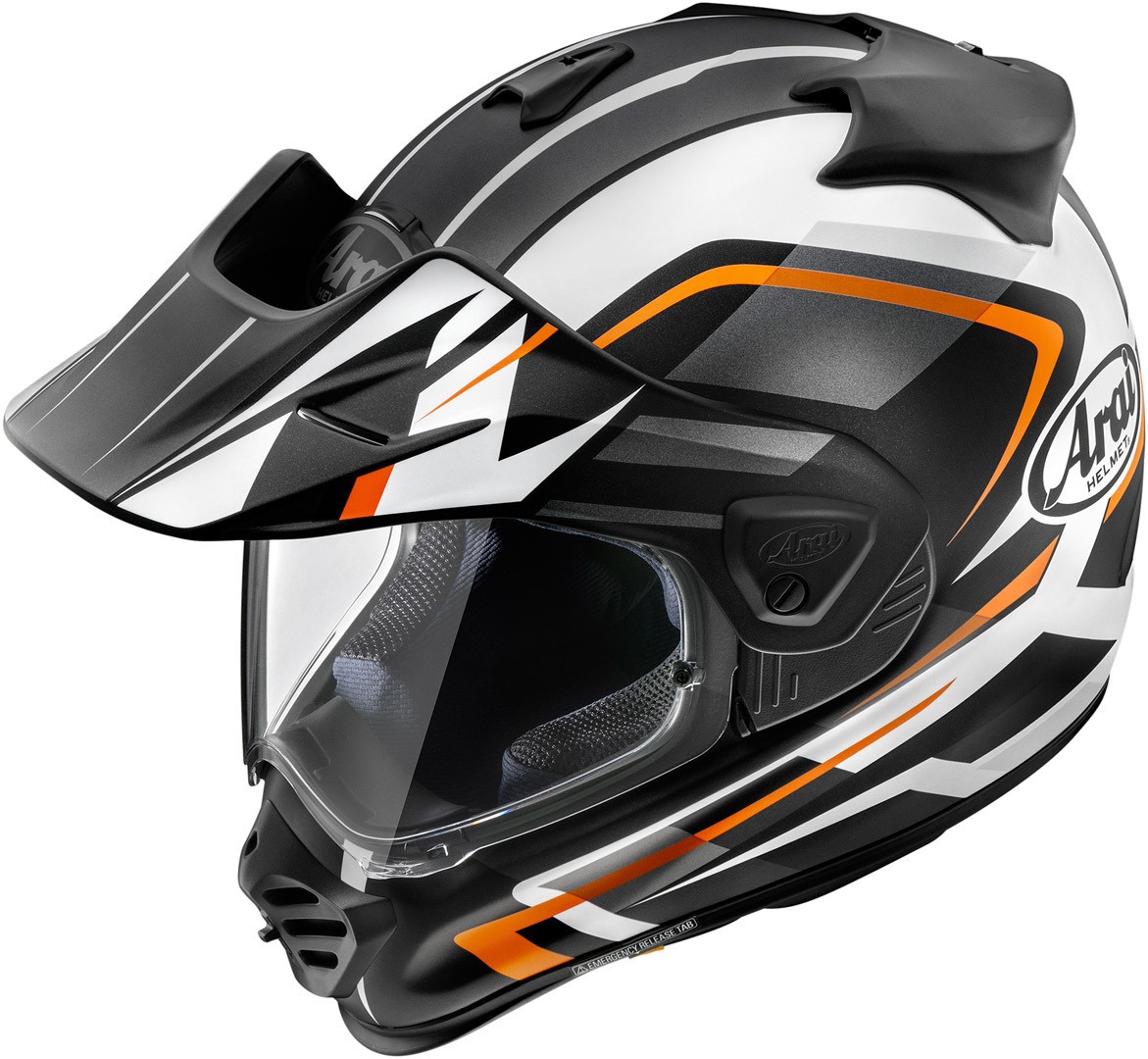 Arai Tour-X5 Discovery adventure helmet in matte black, white, and orange, featuring a visor, peak, and a sleek aerodynamic design, size XS.