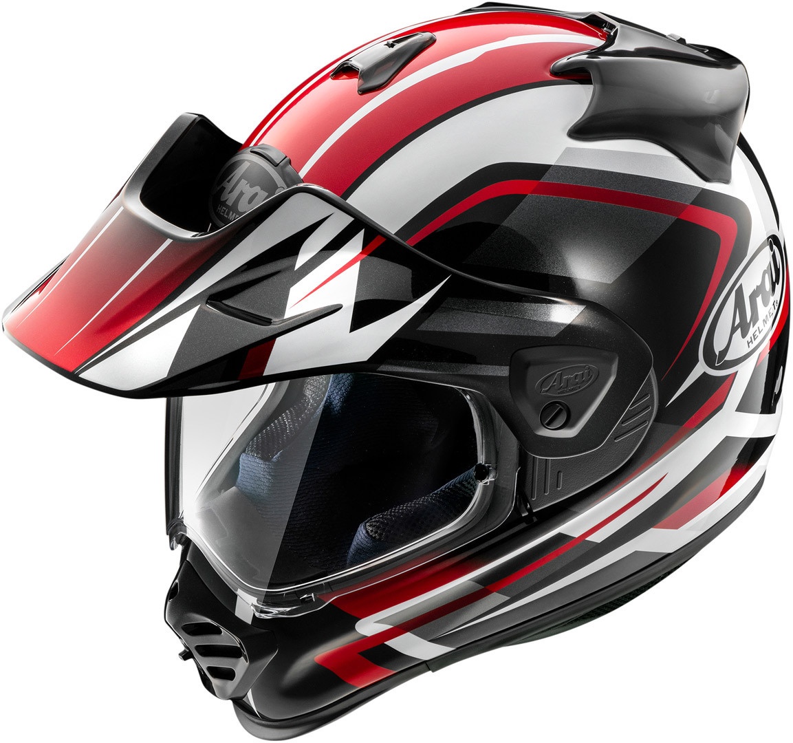 Arai Tour-X5 Discovery motocross helmet in black, white, and red, featuring a sleek design, visor, and ventilation ports, sized XS for men.