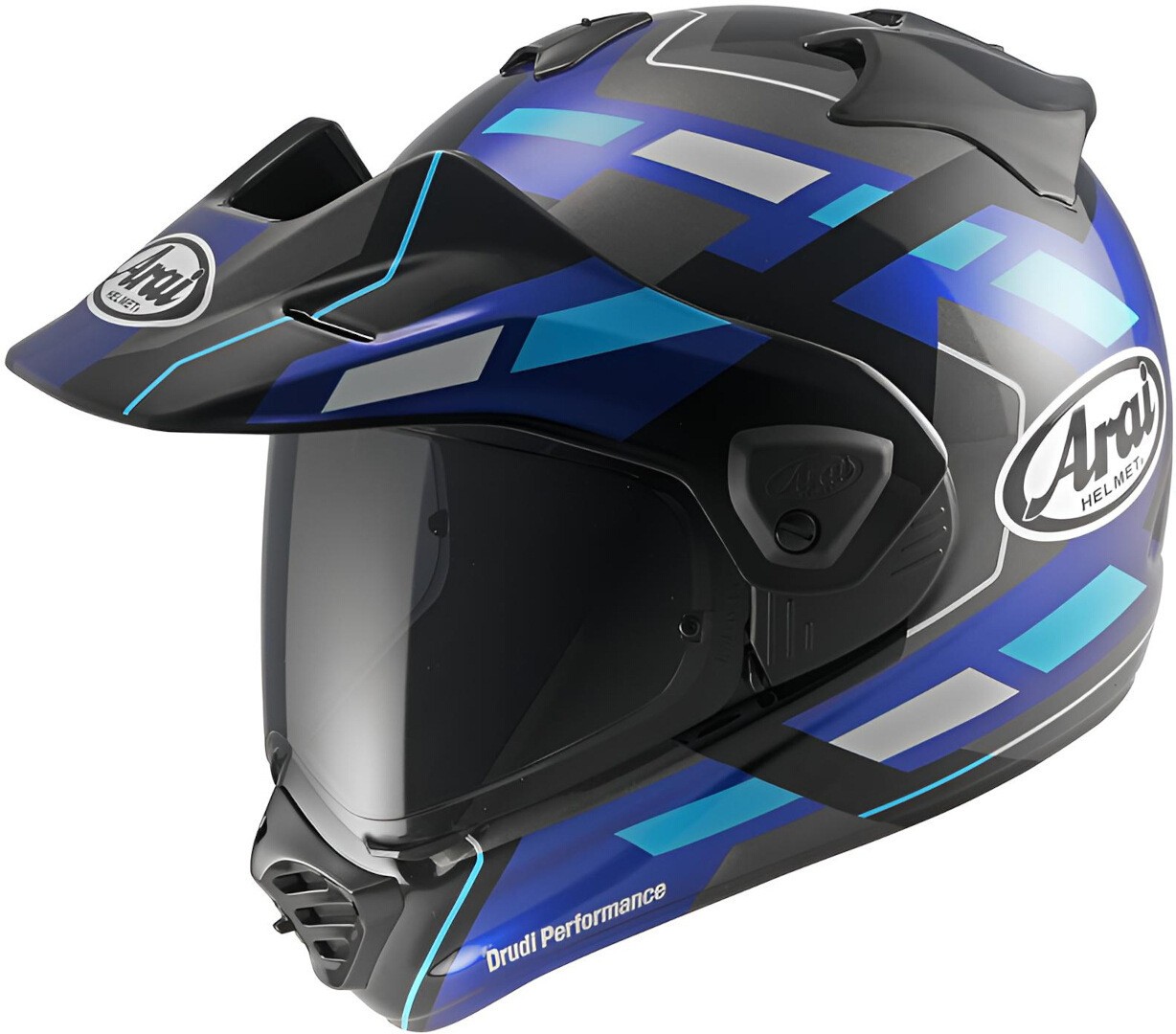 Arai Tour-X5 Match adventure helmet in black, grey, blue, and light blue, featuring a sleek design, visor, and ventilation ports, size XS.