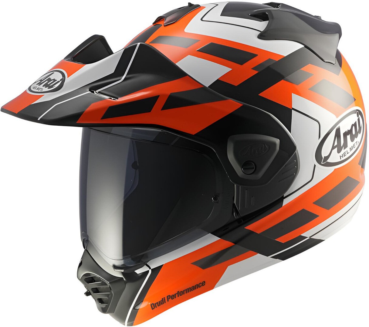Arai Tour-X5 Match adventure helmet in black, white, and orange, featuring a sleek design, a tinted visor, and ventilation ports, sized XS.