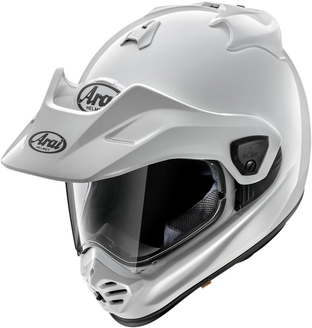 White Arai Tour-X5 Solid adventure helmet in size XS, featuring a sleek design, adjustable visor, and ventilation ports for enhanced airflow.