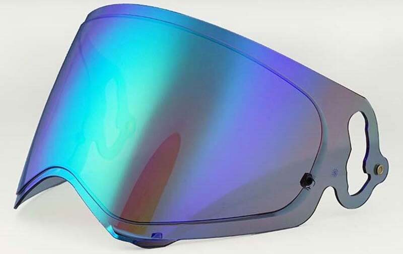 Mirrored visor in vibrant blue and purple hues, featuring a sleek, aerodynamic shape and a mounting mechanism for Arai helmets.