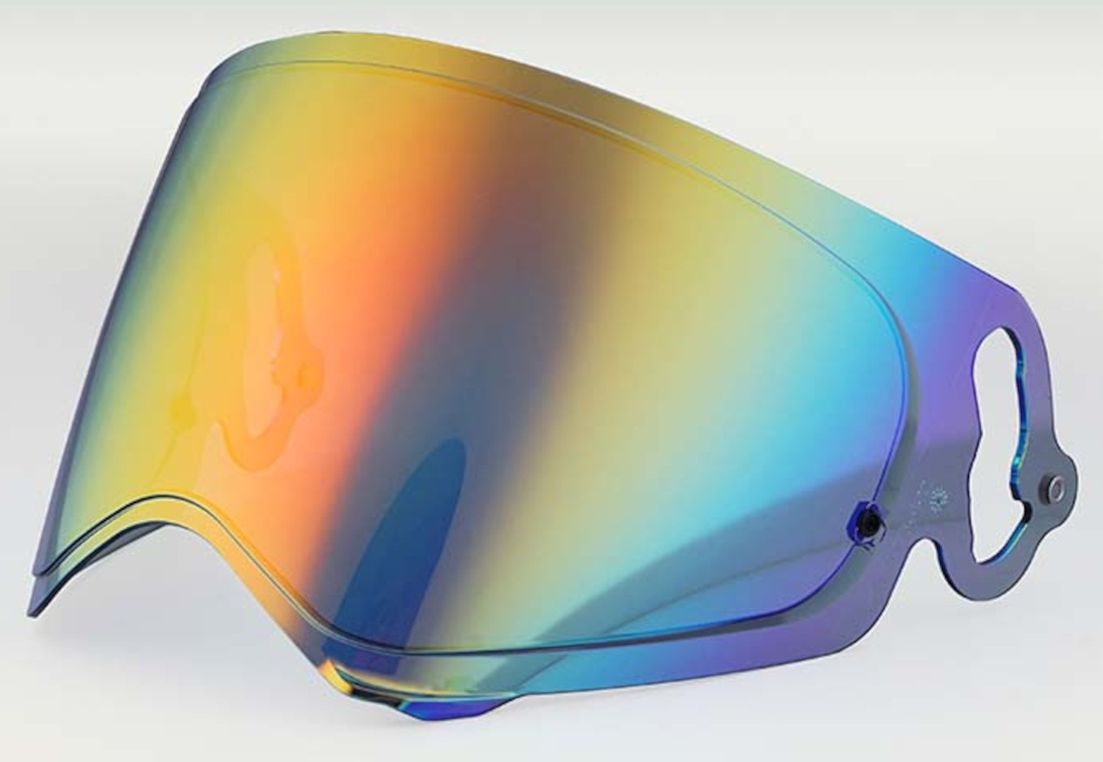 Mirrored shield with a gradient of orange, blue, and purple hues, designed for Arai VAS-a MAX-V helmets, featuring a curved shape and side mounting holes.
