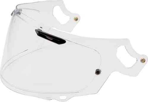 Clear Arai VAS-V Max shield with a curved design, featuring mounting holes and a sleek, lightweight polycarbonate construction for optimal visibility.