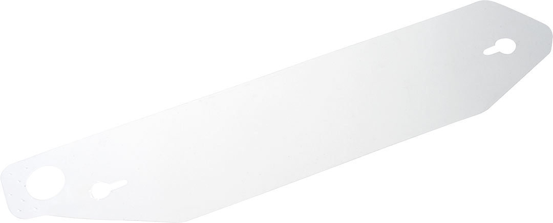 Clear, flexible tear-off lens for Arai VAS-V 2D helmets, featuring two punch-out holes for easy attachment and removal, designed to enhance visibility while riding.