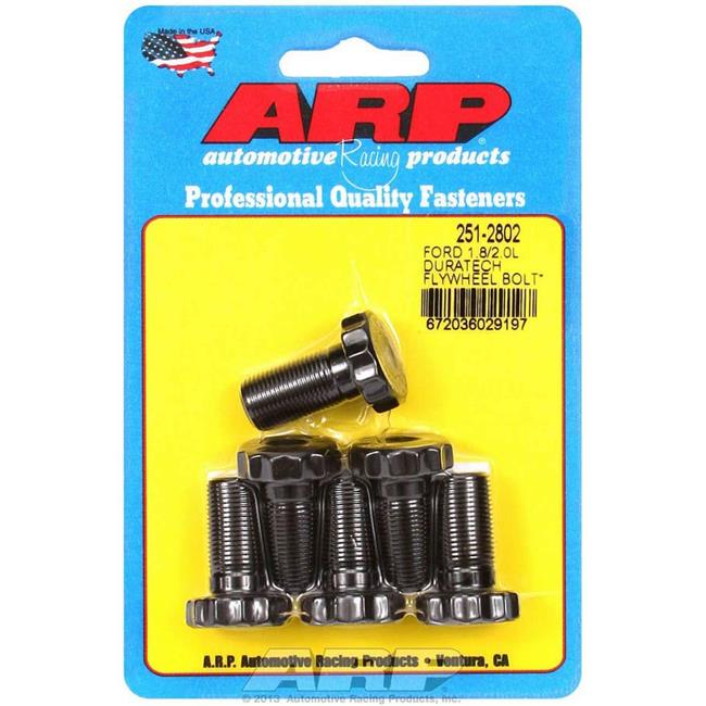Black steel flywheel bolt kit for Ford 1.8 and 2.0L Duratech, featuring multiple bolts with hex heads, packaged on a blue card with ARP branding and product details.