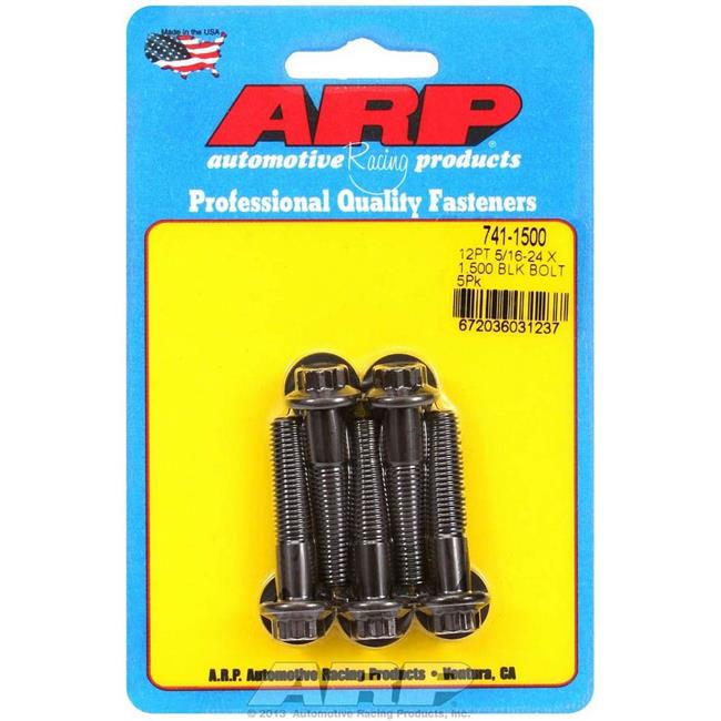 Five black chromoly steel bolts are packaged on a bright yellow card, featuring the ARP logo and product details, including size and part number.