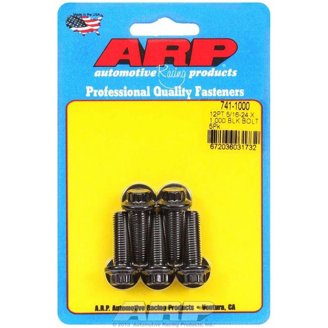 Five black chromoly steel bolts with a 12-point design, packaged on a blue card featuring the ARP logo and product details, made in the USA.