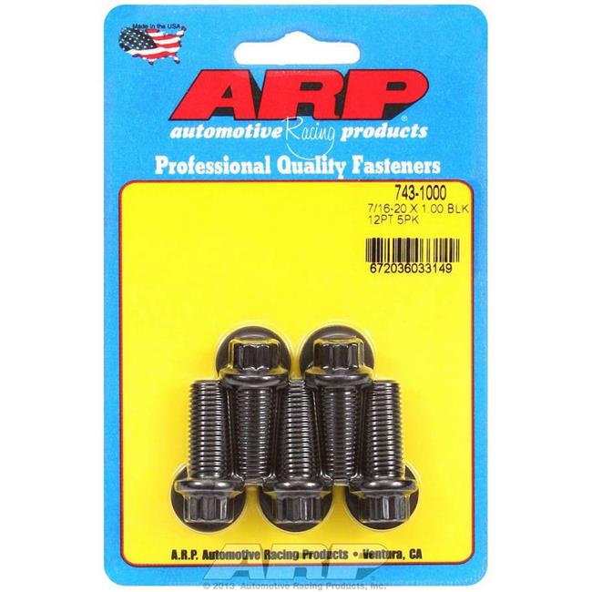 Five black chromoly steel bolts in a 12-point design, packaged on a blue card with white and red text, featuring the ARP logo and American flag.