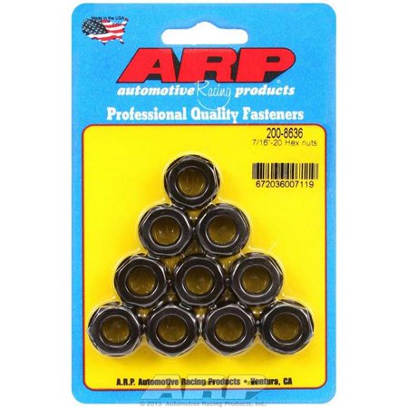 Ten black hex nuts are arranged in a triangular formation on a blue packaging card, labeled "ARP" with product details and a Made in USA flag.