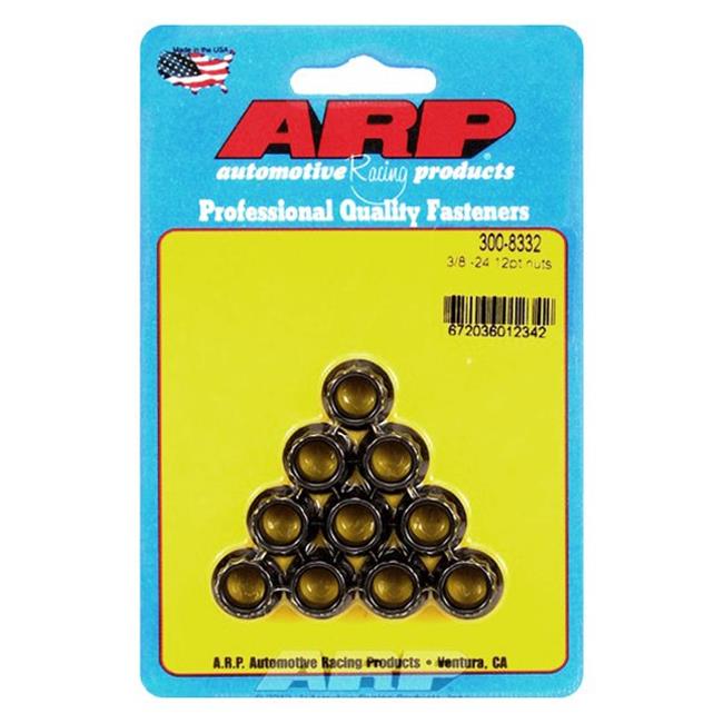 Chrome moly black oxide 12-point nuts in a 10-pack, featuring a 3/8" UNF thread and 7/16" socket size, displayed on a blue card with yellow backing and American flag.