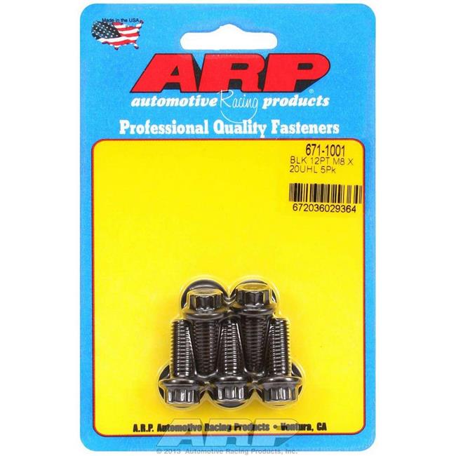 ARP (671-1001) Oxide Bolt set featuring black oxide-coated steel bolts with a hex head, packaged on a blue card with red and white accents, made in the USA.