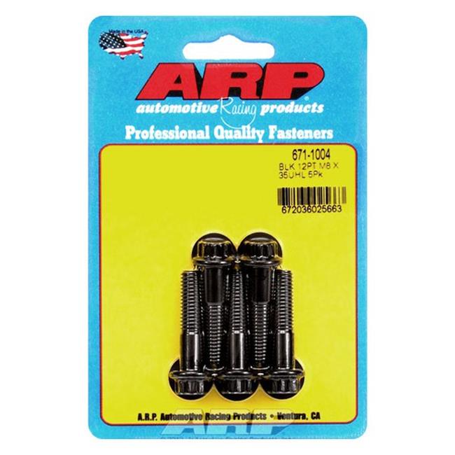 Black 12-point bolt kit featuring five 8 mm x 1.25 in. bolts, packaged on a bright yellow card with blue and red accents, labeled with product details and American flag.