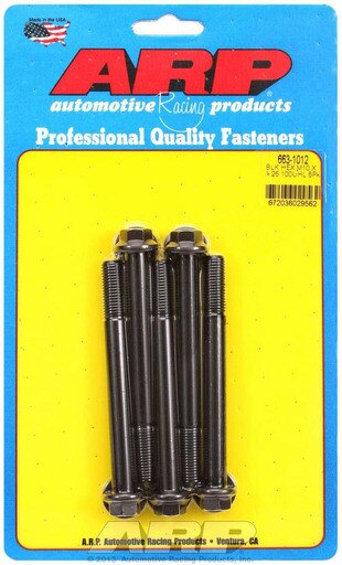 Black 6-point bolts in a pack of five, measuring 10 mm x 1.25 x 100 mm, displayed on a blue card with white and red text, featuring the ARP logo and "Made in the USA" label.