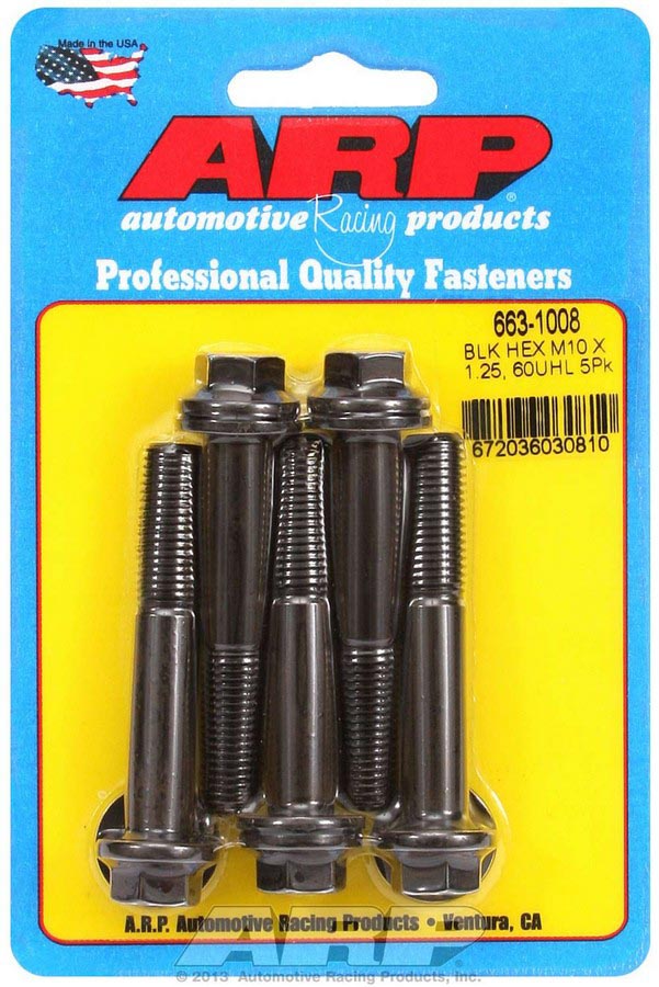 Black chromoly steel bolt kit featuring five 10 x 1.25 x 60 mm 6-point bolts, packaged on a blue card with ARP branding and product details.
