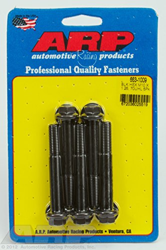 Black hex head bolts in a pack of five, labeled as M10 x 1.25 x 70mm, mounted on a blue card with red and white accents, featuring the ARP logo and product details.