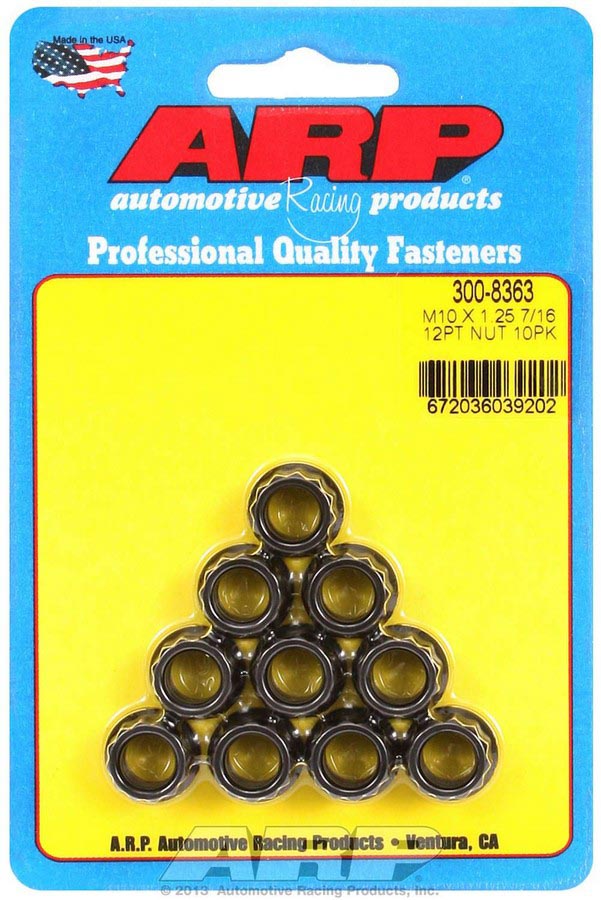 Ten black 12-point nuts, each measuring 10 mm x 1.25 in., displayed on a blue card with white text, featuring the ARP logo and "Made in the USA" label.