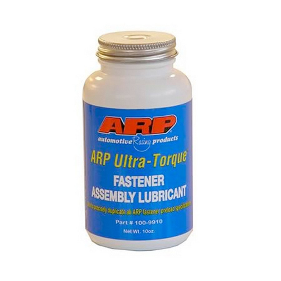 White plastic bottle with a silver screw-on lid, featuring a blue label with yellow and white text, labeled "ARP Ultra-Torque Fastener Assembly Lubricant," containing 0.5 pints.