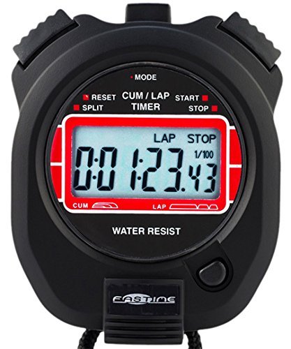 Black digital stopwatch with a red accent, featuring a large LCD display showing time, lap, and split options, and buttons for mode, reset, start, and stop. Water-resistant design.