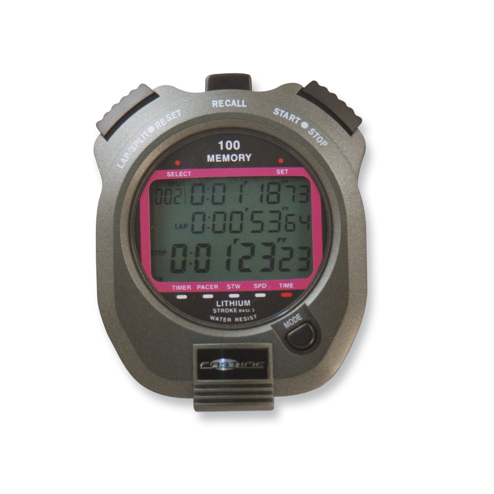 Black and gray Fastime 7 Stopwatch with a large digital display, featuring pink accents, buttons for lap/reset, recall, and a water-resistant design.