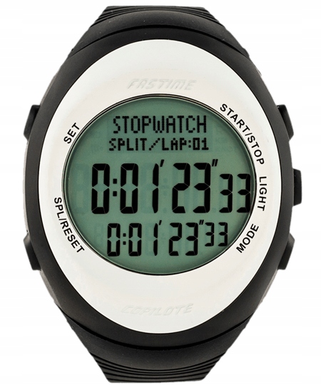 Black and white digital sports watch featuring a large green display, stopwatch function, and buttons for setting, starting, and light, designed for racing enthusiasts.