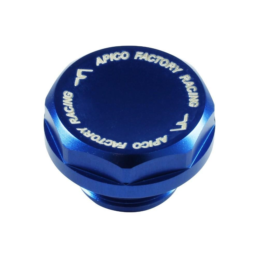 Blue anodized aluminum float bowl bolt with engraved "APICO FACTORY RACING" text, designed for Keihin carburetors, compatible with KTM and Husqvarna models.