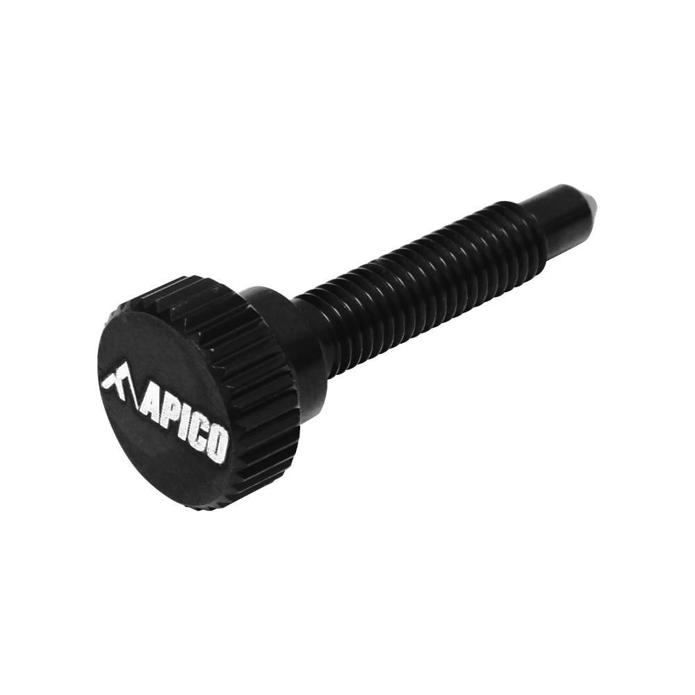 Black metal carburettor idle screw with a knurled head and the "APICO" logo, designed for Dellorto carburettors, featuring a smooth shaft for easy adjustment.