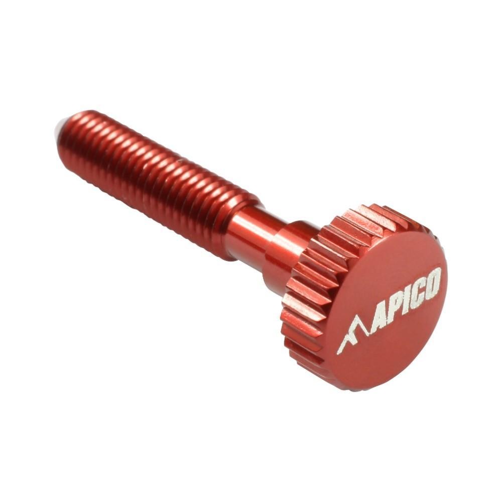 Red aluminum idle screw with a knurled head and engraved "APICO" logo, designed for Keihin carburettors, featuring a smooth finish and threaded shaft.