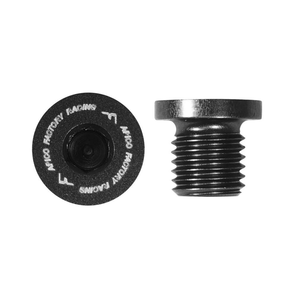 Black metal clutch oil filler plug with threaded design, featuring engraved markings "F" and "APICO FACTORY FACINGS," compatible with various motorcycle models from 2002 to 2023.