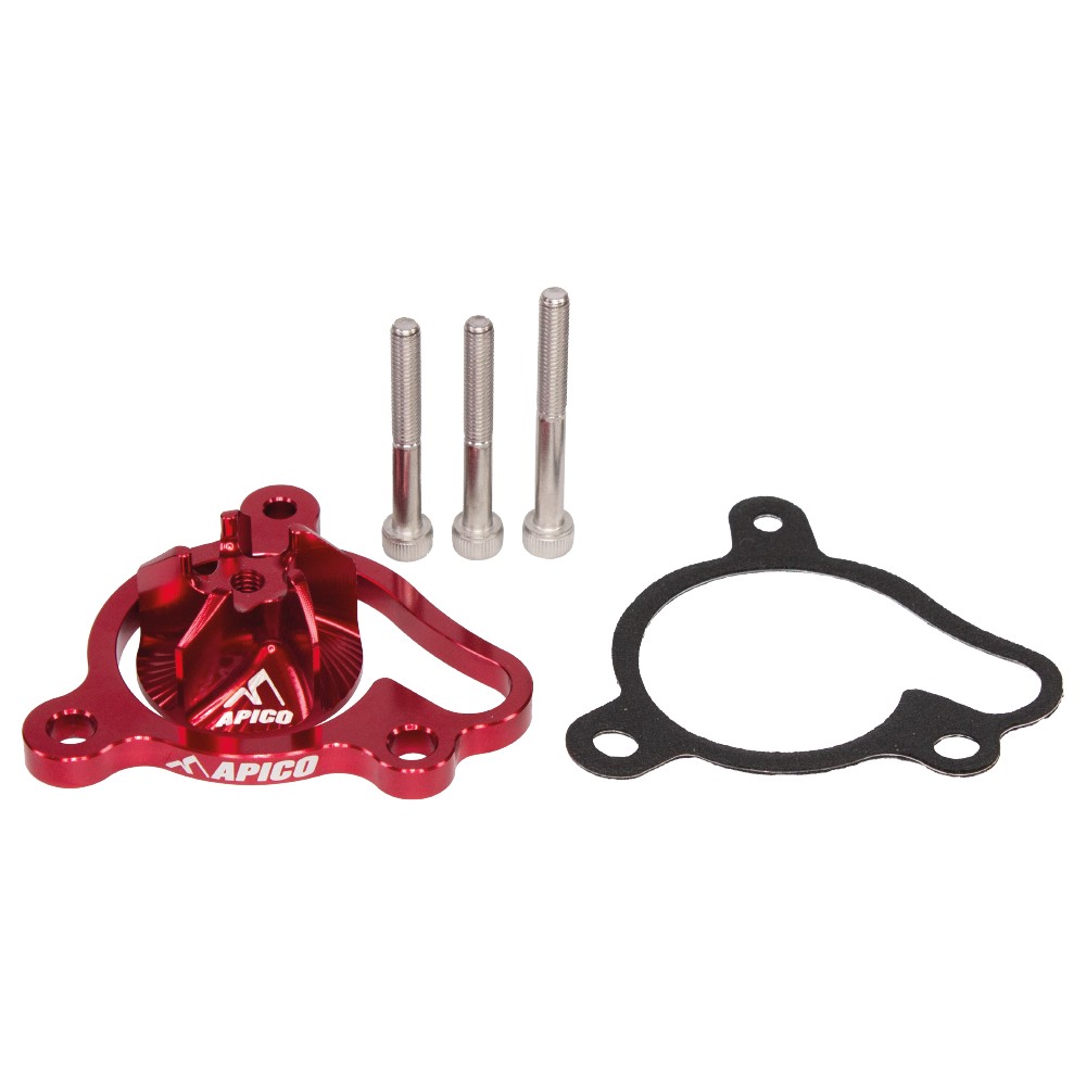 Red aluminum water pump impeller upgrade kit by Apico, featuring a detailed impeller design, three silver bolts, and a black gasket for TRS One/RR/Gold 125-300 models (2019-2021).