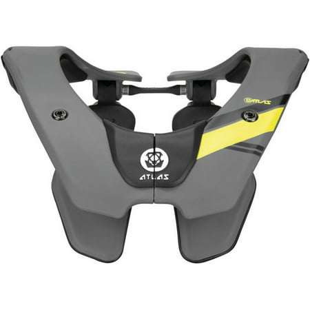 Dark grey Atlas Air Lite Adult Neck Brace featuring a sleek design with yellow accents, made from lightweight materials, and includes adjustable straps for a secure fit.