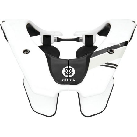 White MX offroad neck brace with black accents, featuring a lightweight design, adjustable straps, and a distinctive Atlas logo on the front for enhanced protection and comfort.