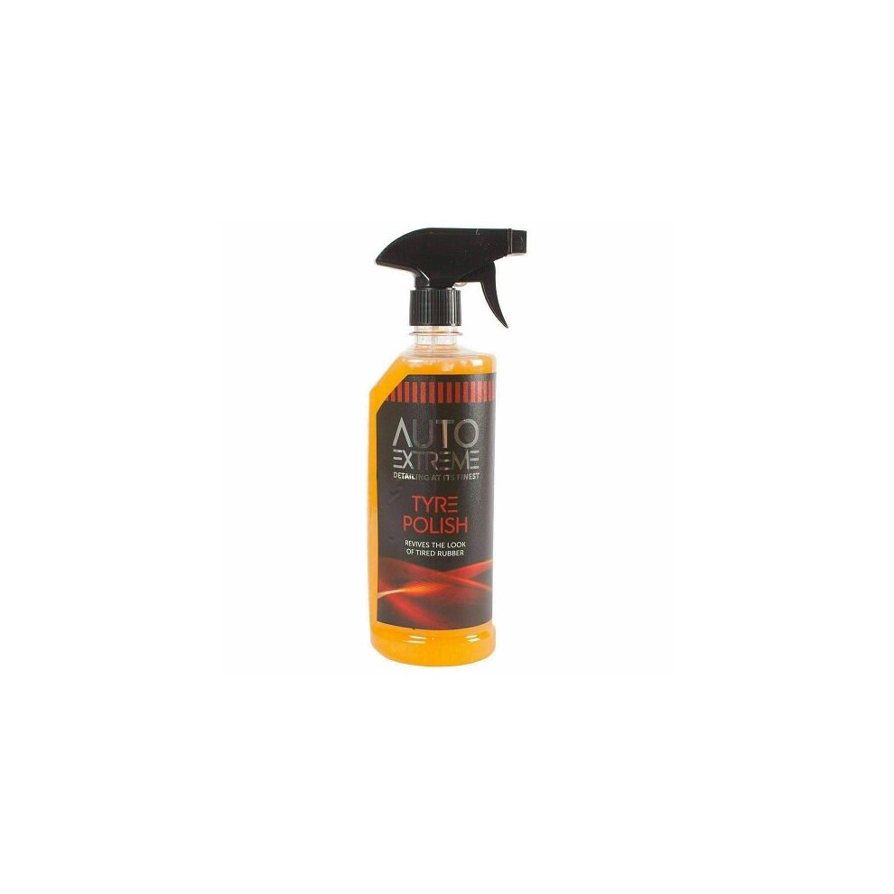 Clear plastic spray bottle with a black and orange label, featuring "AUTO EXTREME TYRE POLISH" text, a trigger spray top, and a 720ml capacity.